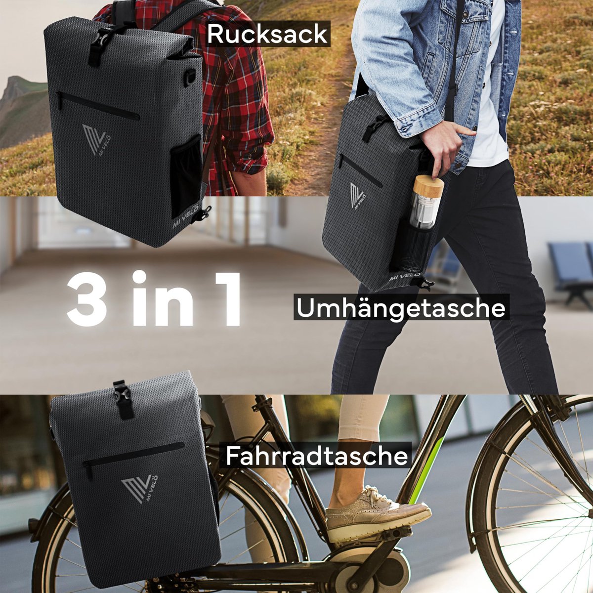 SnelShoppen - Fietstas voor Bagagedrager 3-in-1 - Waterdichte Rugzak, Schoudertas en Uitneembare Laptoptas - PVC-vrij, Zwart-Reflecterend - Ideaal voo