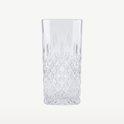 Verre transparent à long drink avec motif en losanges en bas et lignes verticales en haut.