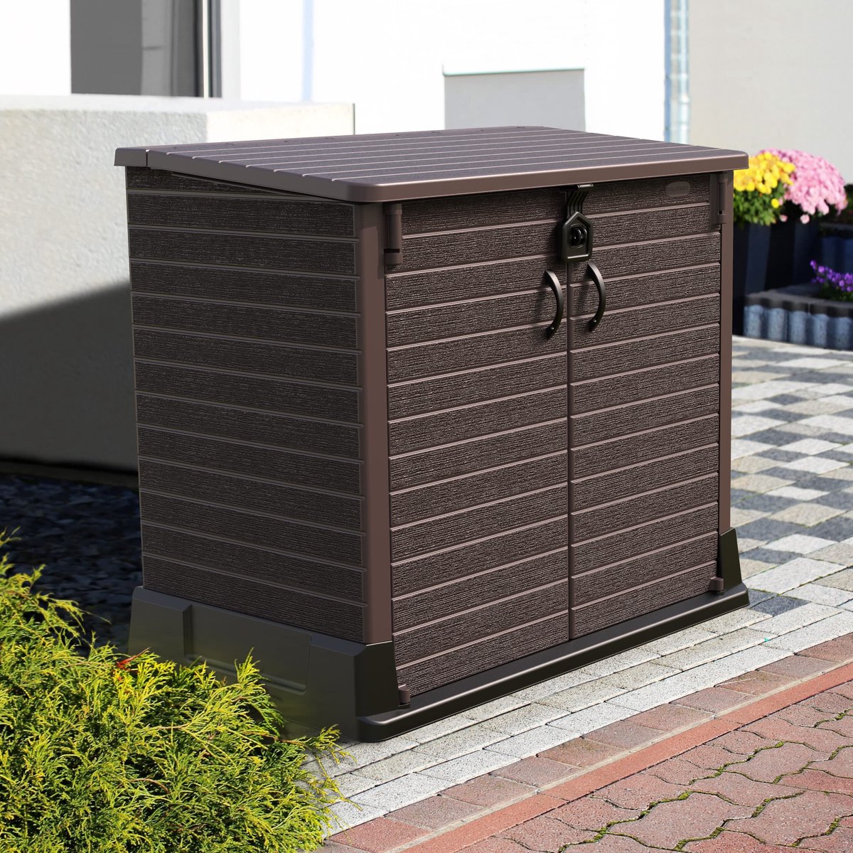 SnelShoppen - Duramax Plastic Tuinberging 850L - Buitenopslag Schuur - Afvalcontainer Box - Duurzaam - Voor Tuingereedschap, BBQ en 2 Afvalbakken - 13