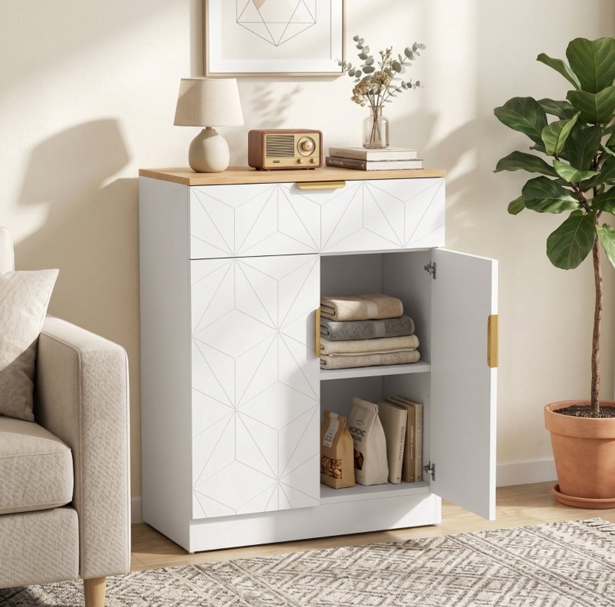 OKWISH Dressoir - Modern Design Met 1 Lade En Verstelbare Planken - Wit En Naturel - Geometrisch Reliëf - 82 x 60 x 32 Cm