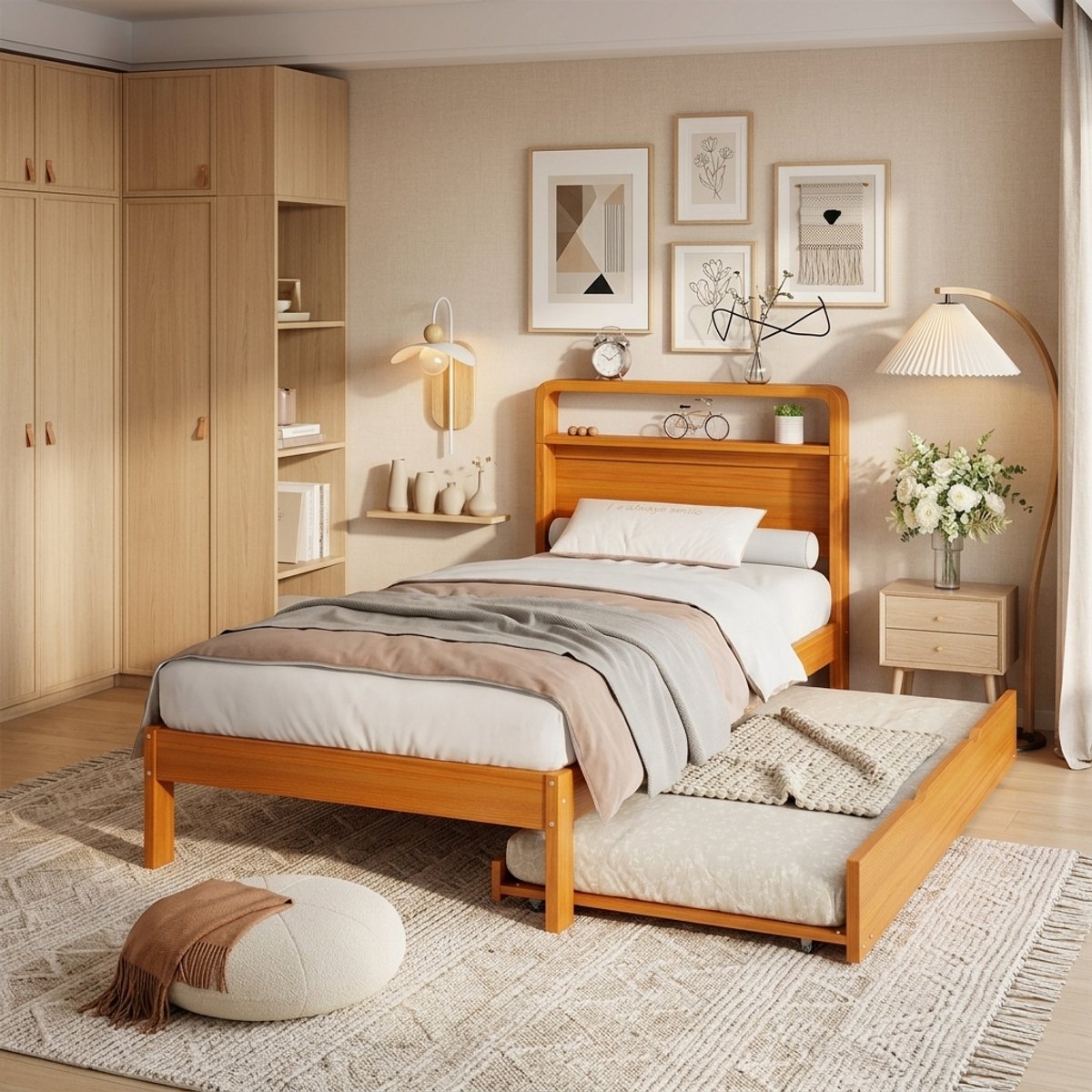STILVORA Houten Bed 90x200 cm Met Uitziehbed 90x190 cm - Flexibel Gastenbed Met Links Of Rechts Montage - Ronde Hoofdbord - Naturel - Zonder matras