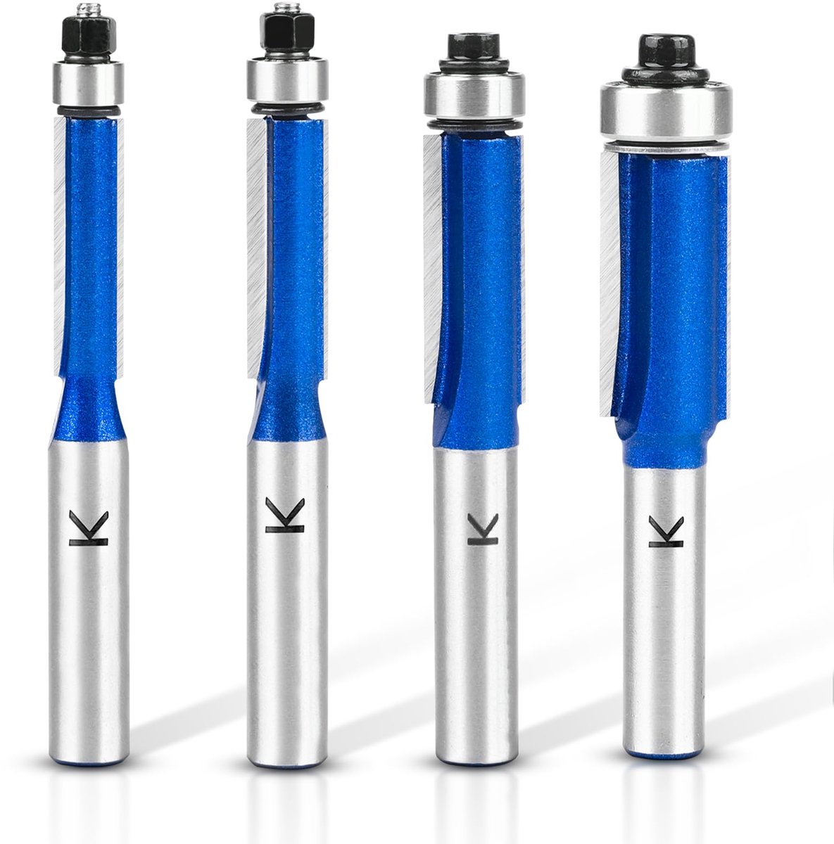 SnelShoppen - 4 stuks Vlakfrezen 8 mm Schacht, Blauwe Freesset, Dubbelzijdige Frees met Lagers voor Hout, Ø 6,35 mm, Ø 8 mm, Ø 9,5 mm, Ø 12,7 mm, Werk