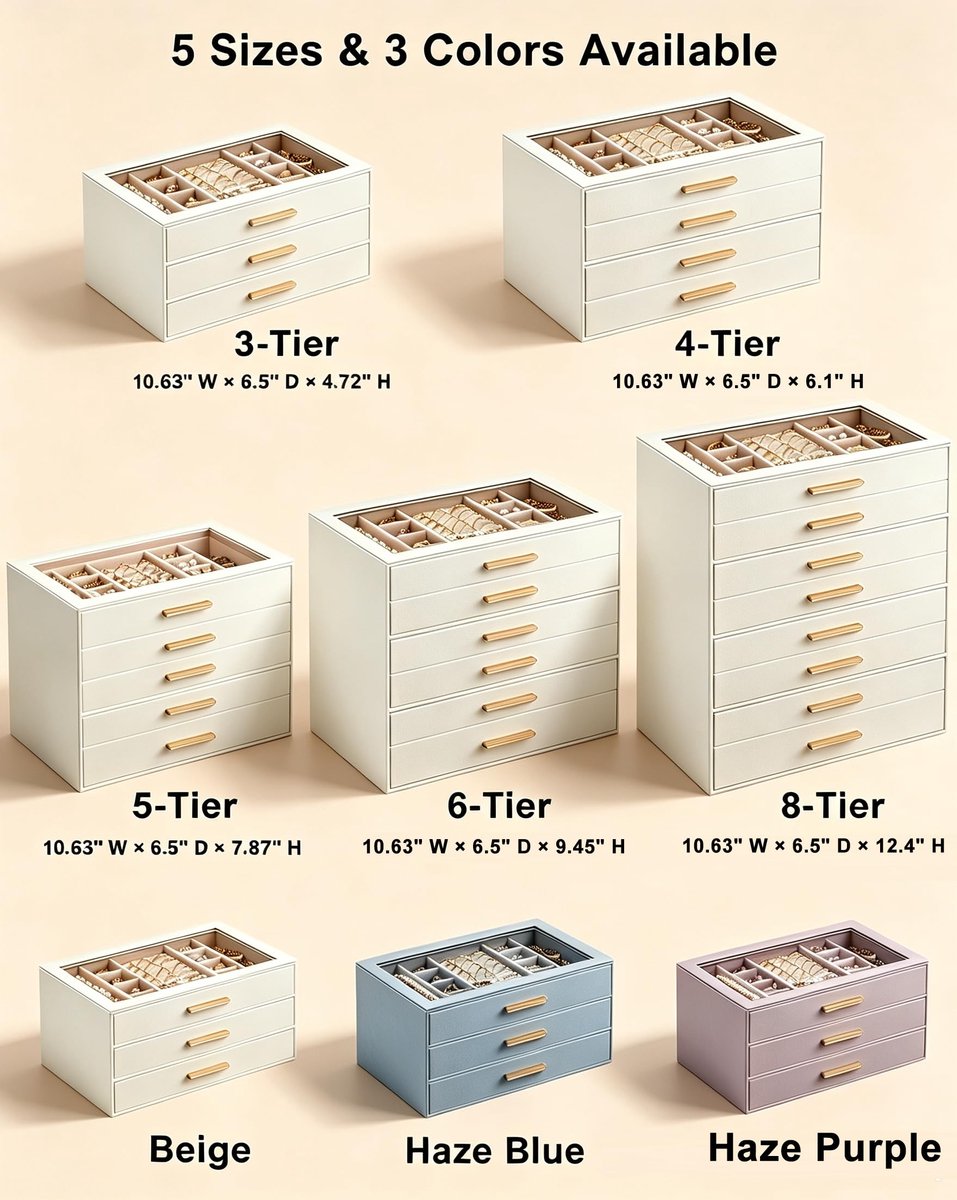 SnelShoppen - Lolalet Sieradendoos Organizer 3-laags - Beige Sieradenopbergdoos met Glazen Deksel - Ring, Oorbellen, Armbanden, Kettingen Organizer -