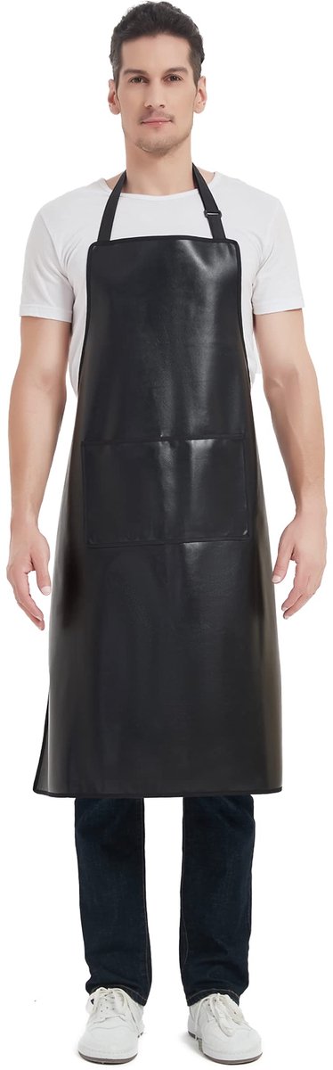 SnelShoppen - Waterdichte Zwarte Schort - Zware Kunstleren Werkschort voor Chef-kok, Slager, Kapper, Afwassen, Schoonmaken, Hondenverzorging - Grote M