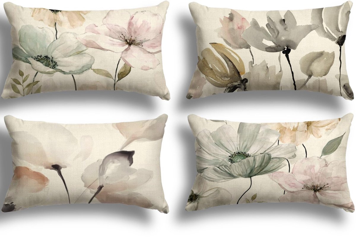 SnelShoppen - Set van 4 Decoratieve Kussenslopen 30 x 50 cm met Bloemen Aquarelverf - Katoen en Linnen Kussenhoezen voor Bank, Bed, Auto en Huis