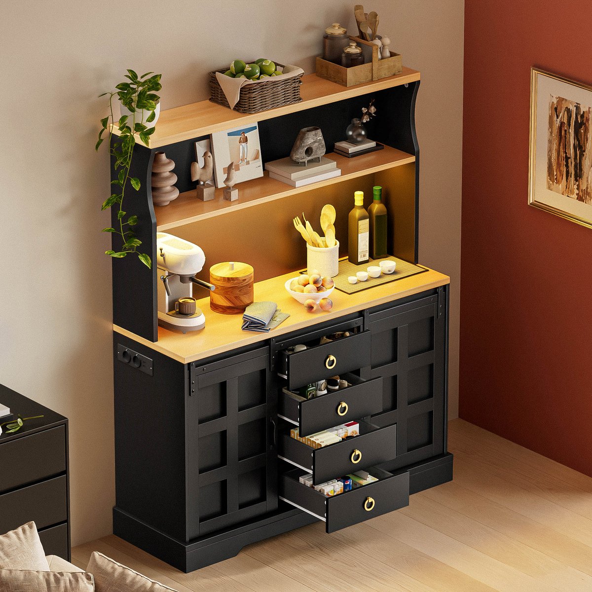 REDOM - Keukenkast - Met LED en stopcontacten - 4 lades en verstelbare planken - Vintage stijl - Keuken en eetkamer - MDF - Zwart - 120 x 40 x 150 cm