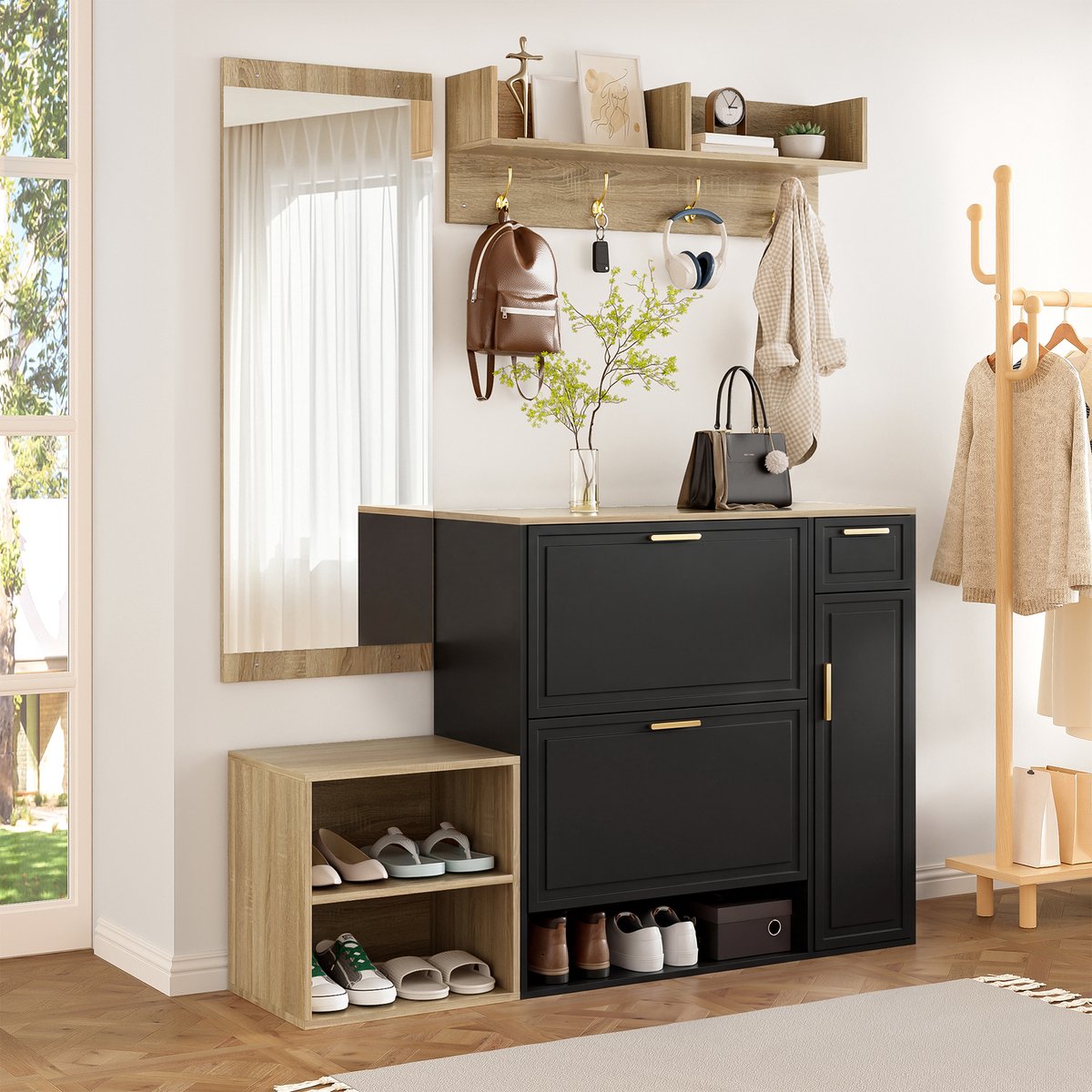 Schoenenkast - 4-delige garderobeset met schoenenkast, zitbank, wandgarderobe & spiegel - 139,5x166x35 cm - Natuur/Zwart
