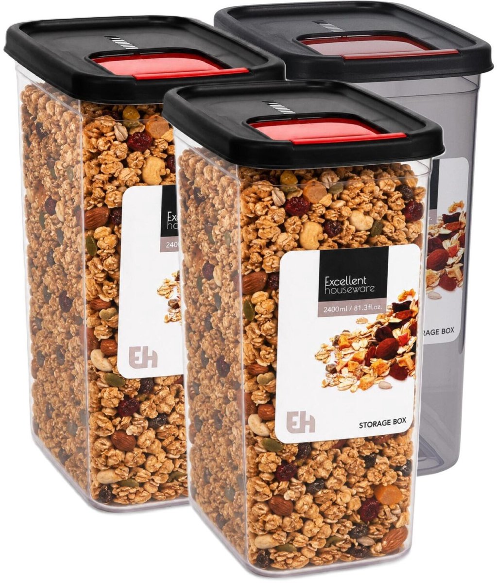 Excellent Houseware Voedselcontainer strooibus - 3x - transparant/zwart - 2400 ml - kunststof - 16 x 11 x 22 cm