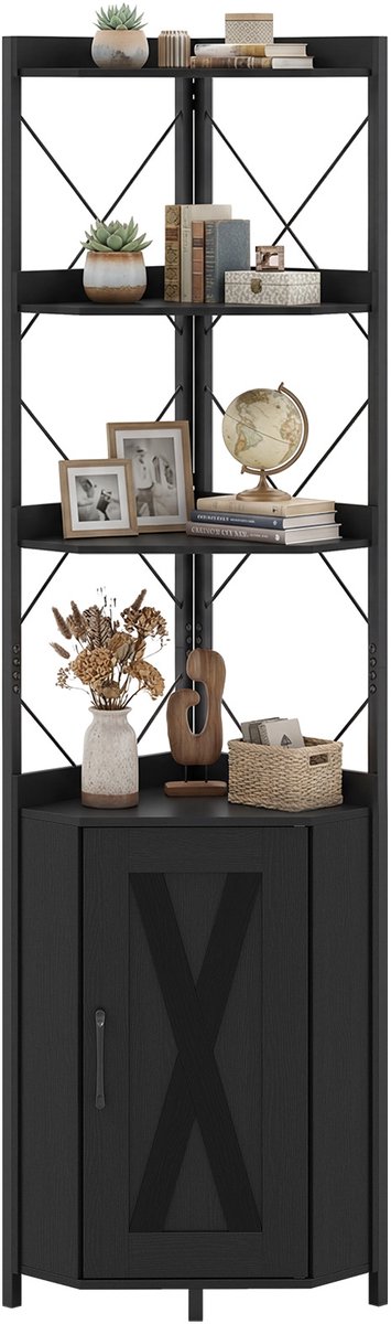 COSTWAY 6-voudig hoekrek, 180cm hoekboekenkast met kast, deuren & metalen frame, boekenrek vrijstaand, opbergrek voor woonkamer, slaapkamer & keuken (Zwart, 38 x 38 x 180 cm)