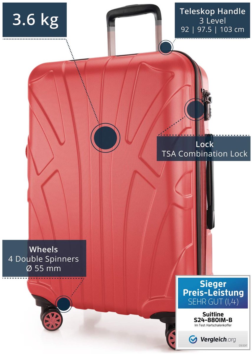 SnelShoppen - Middelgrote koffer 66 x 44 x 27 cm ABS harde schaal uitbreidbaar (58-68 L) met TSA slot, 4 dubbele wielen en telescopische handgreep, Ko