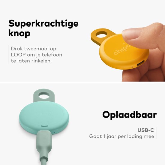Gele Chipolo tracker met SUPERKRACHTIGE knop en mintgroene tracker met USB-C oplaadpoort.