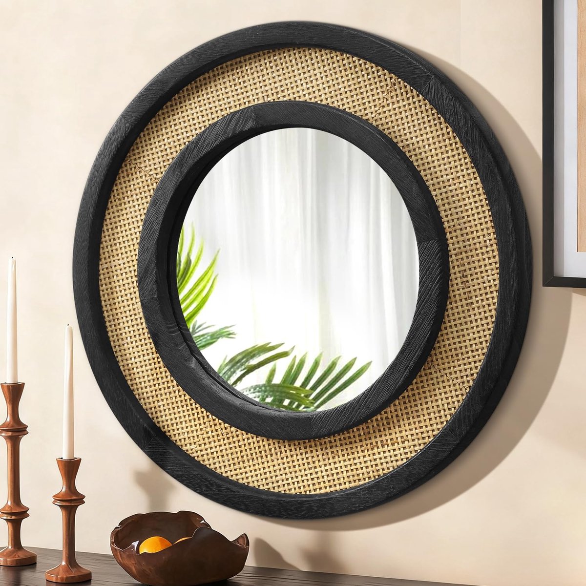 SnelShoppen - Ronde Wandspiegel 50 cm - Zwart Houten Frame - Rustieke Hangende Spiegel voor Woonkamer, Badkamer, Slaapkamer en Entree
