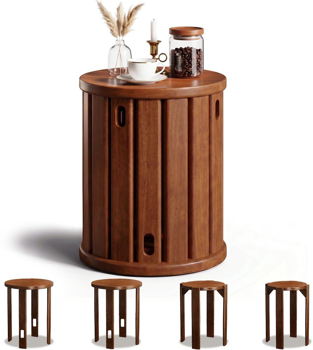 SnelShoppen - 4-Delige Set Stapelbare Krukken van Massief Hout - Multifunctionele Eetkamerstoelen voor Keuken, Make-Up Tafel, Eettafel - Afneembaar en