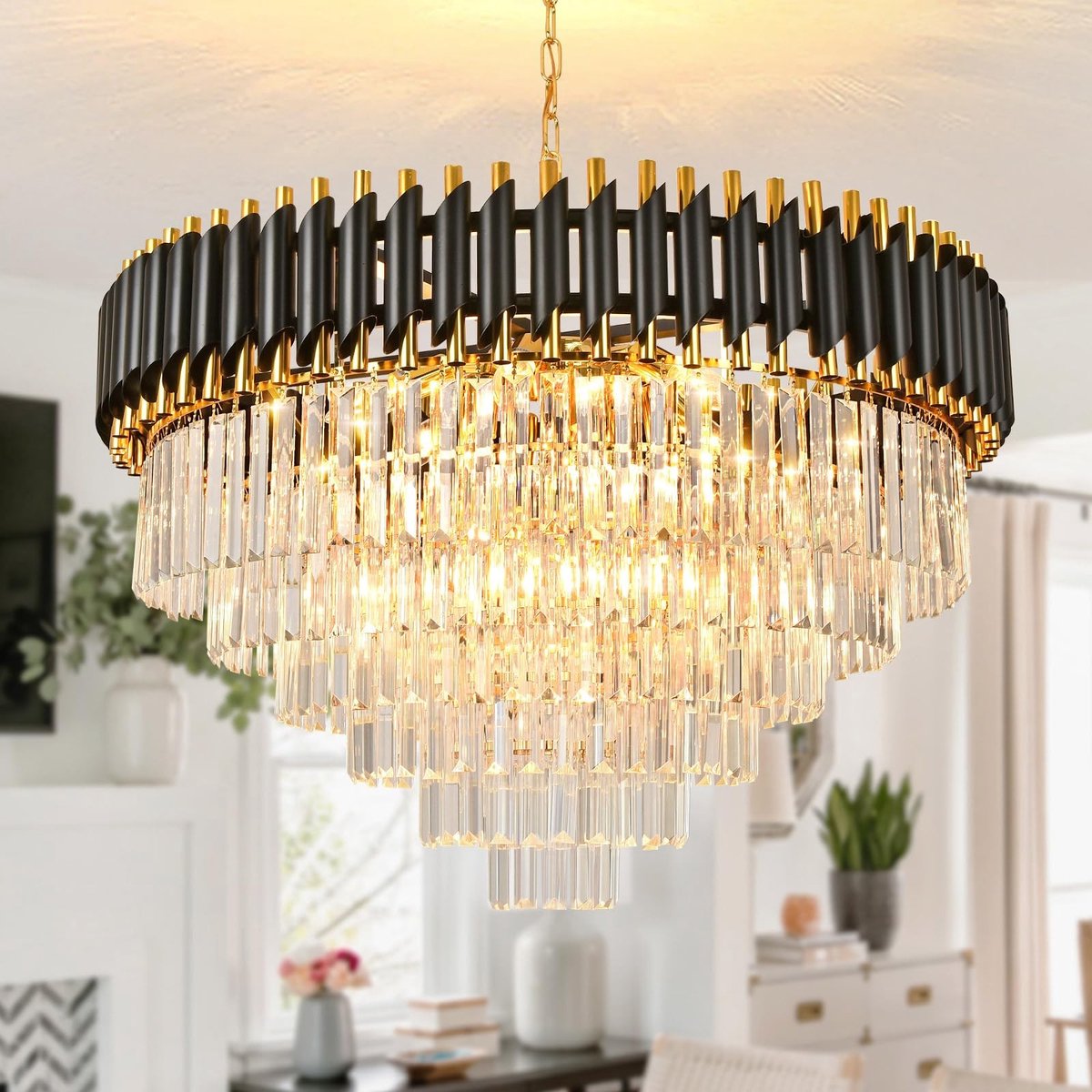 Dailygoods- Kroonluchter Goud/Zwart - Moderne Hanglamp - Kristal - Eetkamer/Woonkamer/Slaapkamer - Φ80cm - Elegante Verlichting