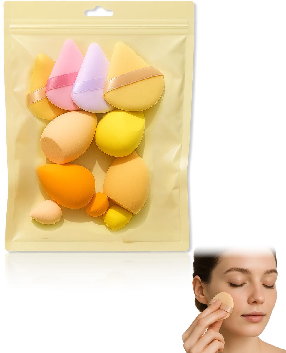 Set van 11 make-upsponsen in geel - beautyblender en donsjes voor