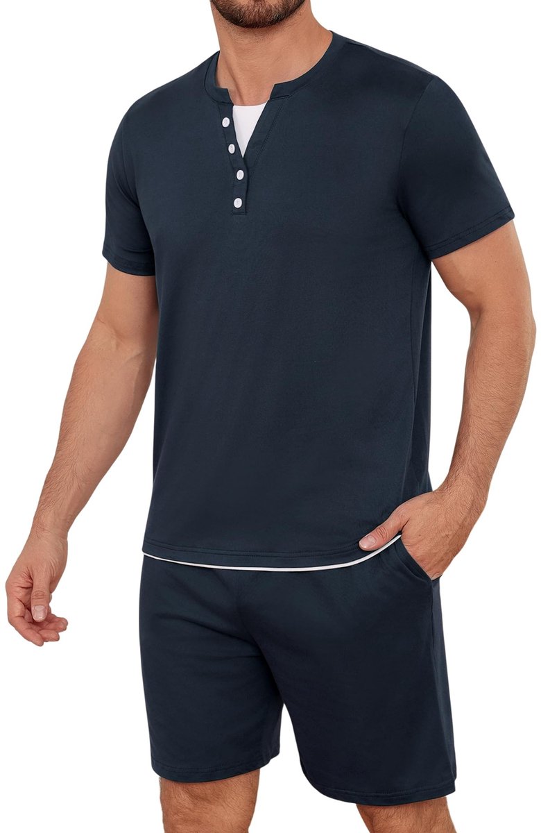 Dailygoods- Zomerpyjama Heren - Katoen - Korte Mouwen/Shorts - 2 Stuks - Effen Kleur - Comfortabele Pasvorm - Pyjamashort