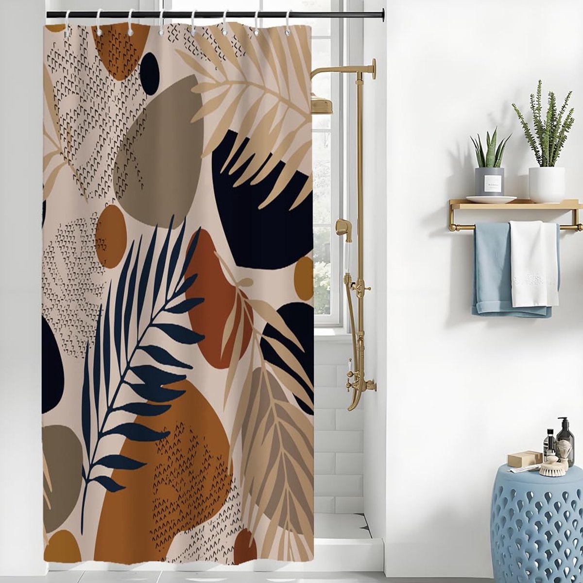 SnelShoppen - Uiiooazy Douchegordijn Boho-Stijl Abstract Blauw Grijs Bladeren Modern Minimalistisch Waterdicht Polyester Anti-Schimmel Wasbaar 120 x 2