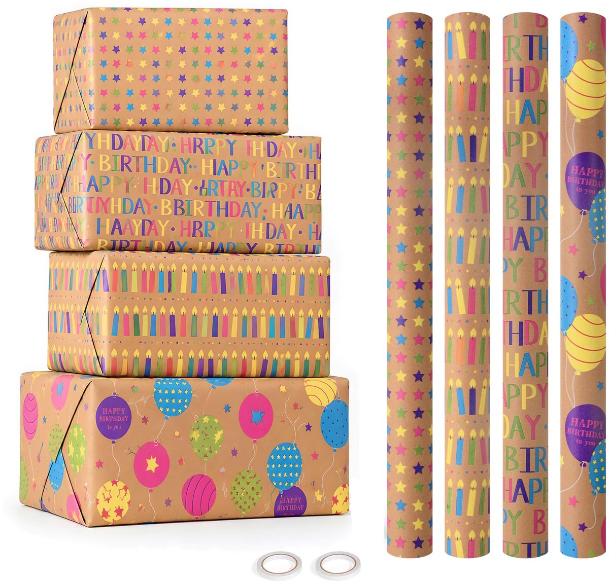 SnelShoppen - CHEPULA Cadeaupapier voor Verjaardag, Kinderen, 4 Rollen, 43 x 300 cm, Recyclebaar Kraftpapier, Verpakking voor Jongens en Volwassenen,