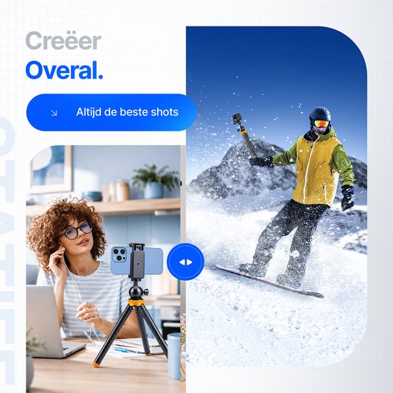 Vrouw filmt zichzelf met smartphone op statief, naast snowboarder op besneeuwde berg.