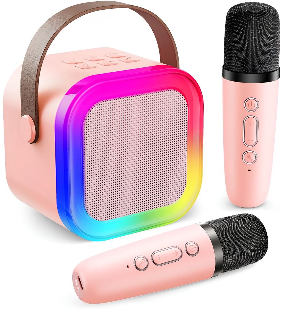 SP® Karaokeset - Draagbare Bluetooth Speaker met 2 Draadloze Microfoons - Feestverlichting - Roze - 7cm x 7cm x 7cm