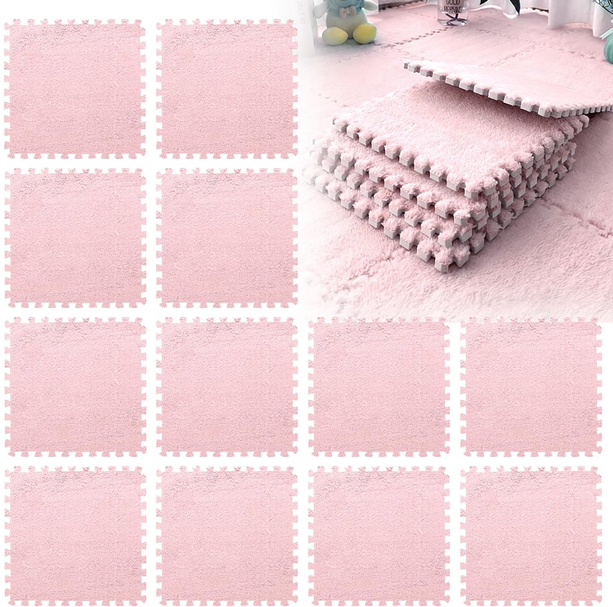 SnelShoppen - 12 Stuks Pluche Schuimmat Puzzelmatten 30x30 cm - Zachte Vloertegels voor Woonkamer en Slaapkamer - Lichtroze Schuimrubberen Tapijttegel