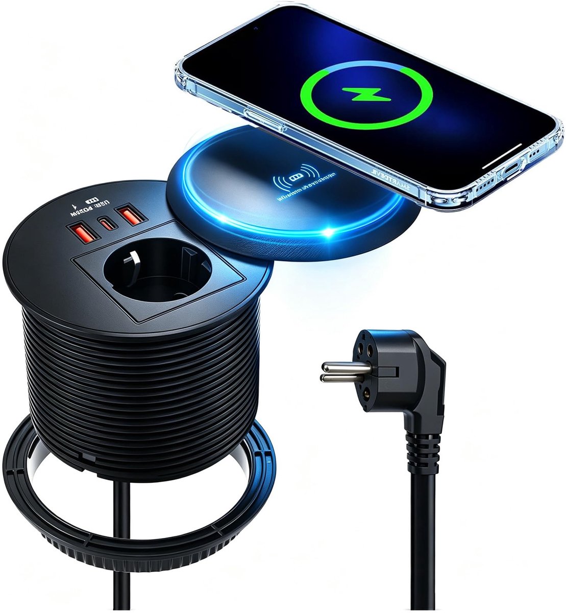 SnelShoppen - Inbouwstopcontact 80 mm Zwart met Draadloos Opladen 15W en PD 20W USB A+C, Inspringend Stopcontact met Deksel, 2m Kabel voor Tafel, Keuk