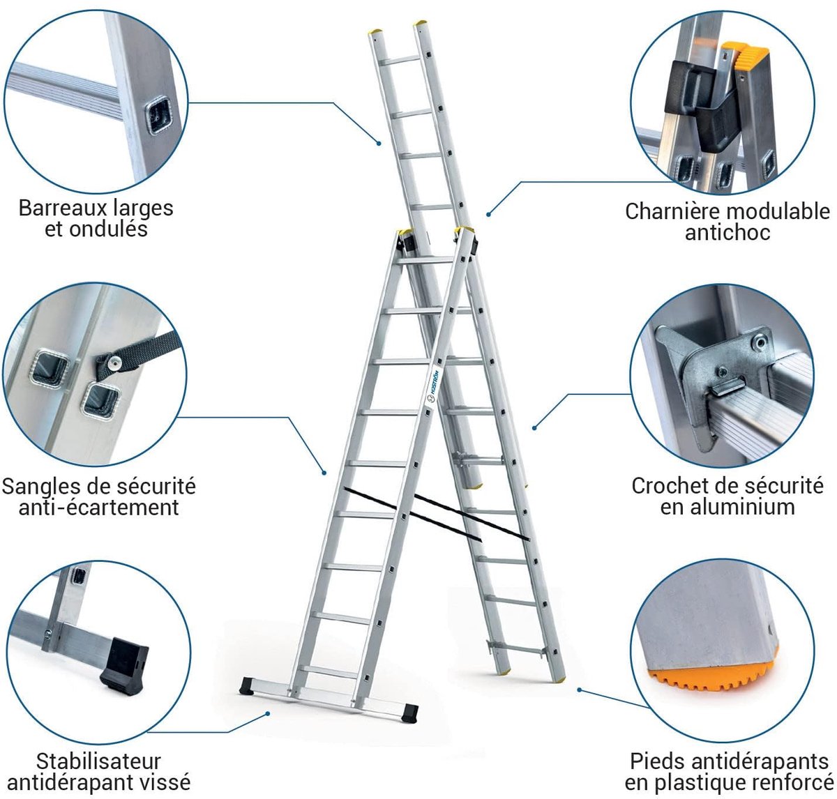 SnelShoppen - Uitschuifbare Ladder Aluminium 3x9 Treden, 6 Posities, Max. Werkhoogte 6,10 m, Verplaatsbaar en Uittrekbaar voor Tuin, Klussen, en Hoogt