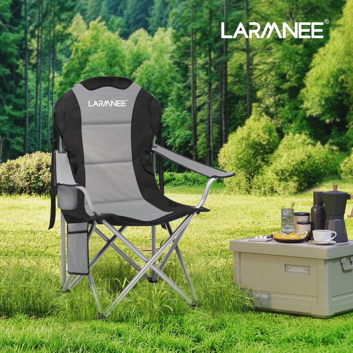 SnelShoppen - Campingstoel Inklapbaar, Opvouwbare Klapstoel met Flessenhouder en Draagtas, Grijs/Zwart Outdoor Stoel voor Camping, Tuin en Feest
