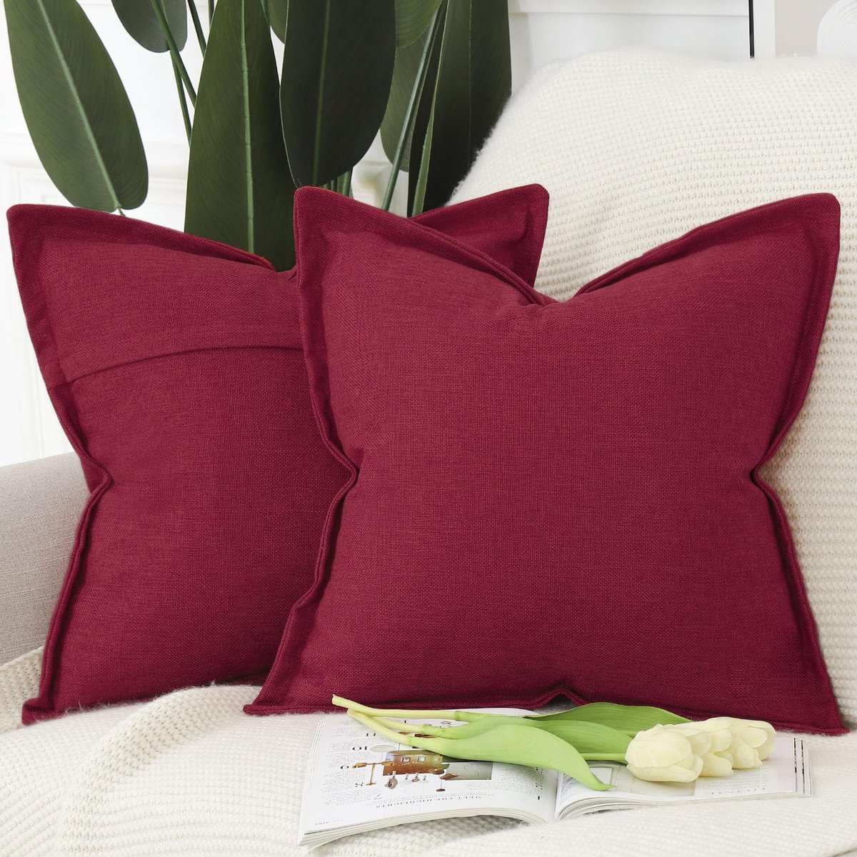 SnelShoppen - Set van 2 Moderne Imitatielinnen Kussenslopen 45x45 cm Rood met Brede Rand voor Sofa en Slaapkamer Decoratie