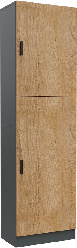 Hoge kast met twee deuren in hout-look en donkergrijs