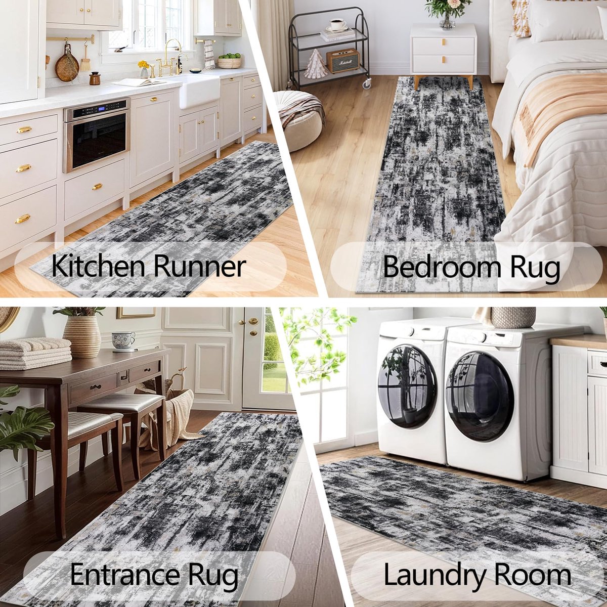 SnelShoppen - Antislip Loper voor de Gang 65 x 240 cm, Wasbare Tapijtlopers in Abstract Zwart voor Ingang, Keuken, Slaapkamer, Wasruimte