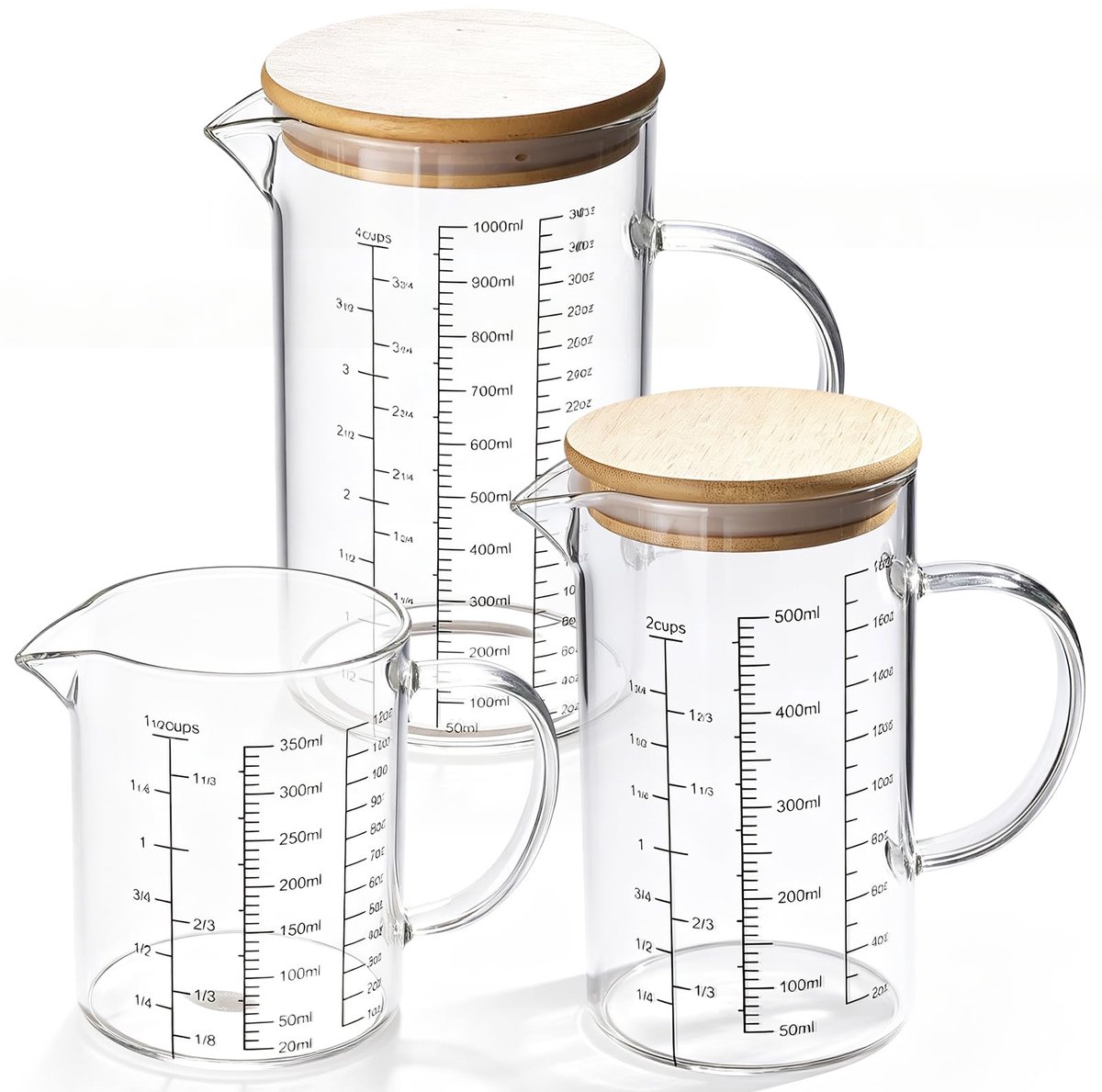 SnelShoppen - Set van 3 Glazen Maatbekers 1L, 500ml, 350ml - Hittebestendig Borosilicaatglas met Handvat en Deksel - Nauwkeurige Maatschaal voor Keuke