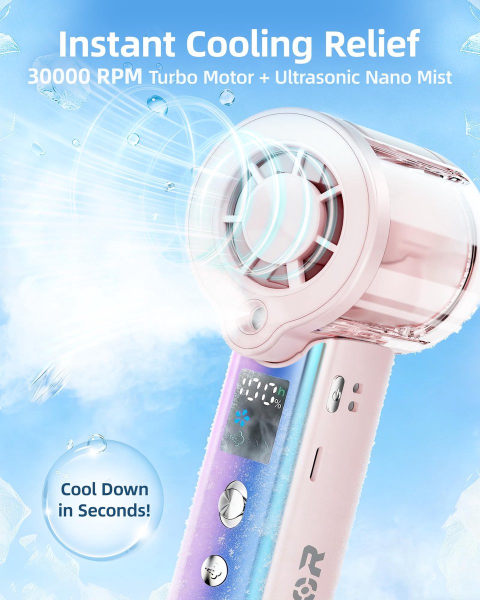 SnelShoppen - Carehabi Handventilator met Waterkoeling, 30.000 omw/min, Mini USB Ventilator, Draagbare Accu Ventilator, 3000 mAh, 1-100 Standen, Stil,