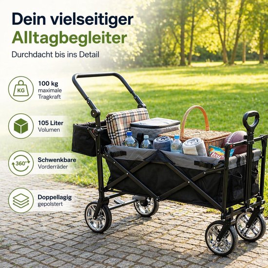 Opvouwbare bolderkar - Handwagen Kinderwagen - Gezinsuitstapjes - 3-punts gordelsysteem - 105 liter - Zwart Grijs van Opvouwbare Bolderkar — afbeelding 3
