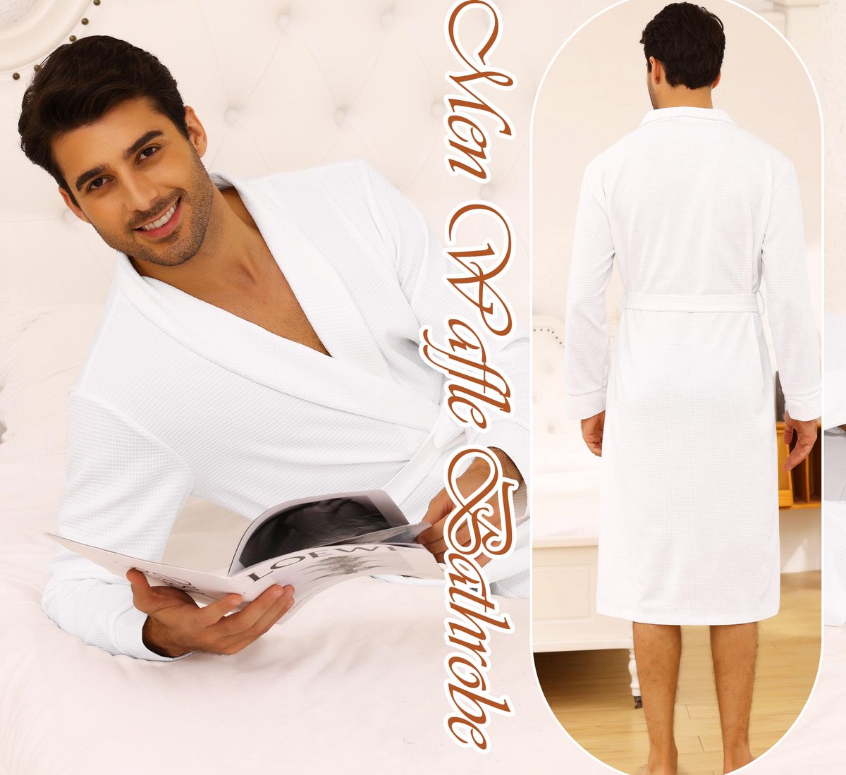 SnelShoppen - Lichtgewicht Heren Badjas van Katoenmix, Zachte Kimono Badjas met Zakken, Wafeltej Design, Maat S-3XL, Wit, Ideaal voor Thuis en Wellnes