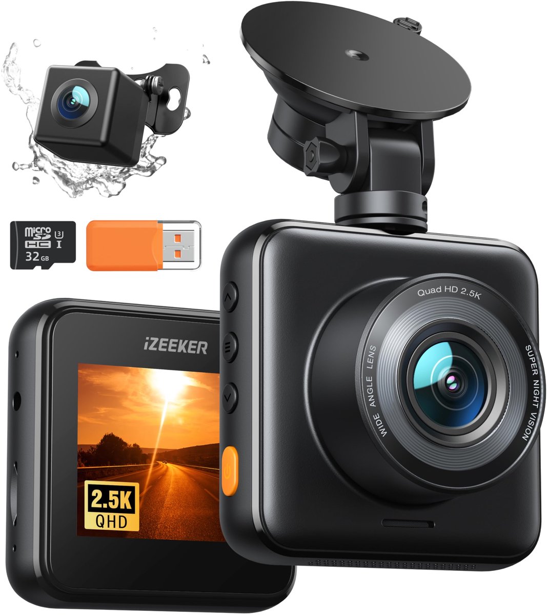 SnelShoppen - 2.5K Dash Cam Voor en Achter met SD-kaart, 1440P Autocamera, Dubbele Dashcam 170° Groothoek, G-sensor, Nachtzicht, 24U Parkeermonitor, W