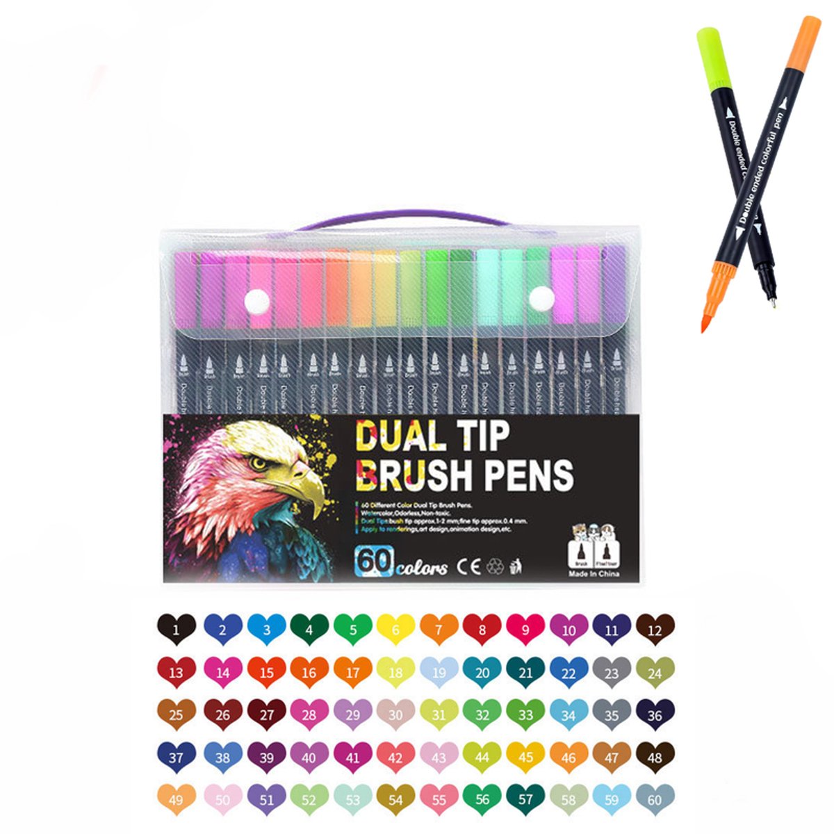KZQ Dubbele stift markerset - Fijne punt en penseelpunt - Voor kleurboeken kalligrafie tekenen en DIY- 60 kleuren