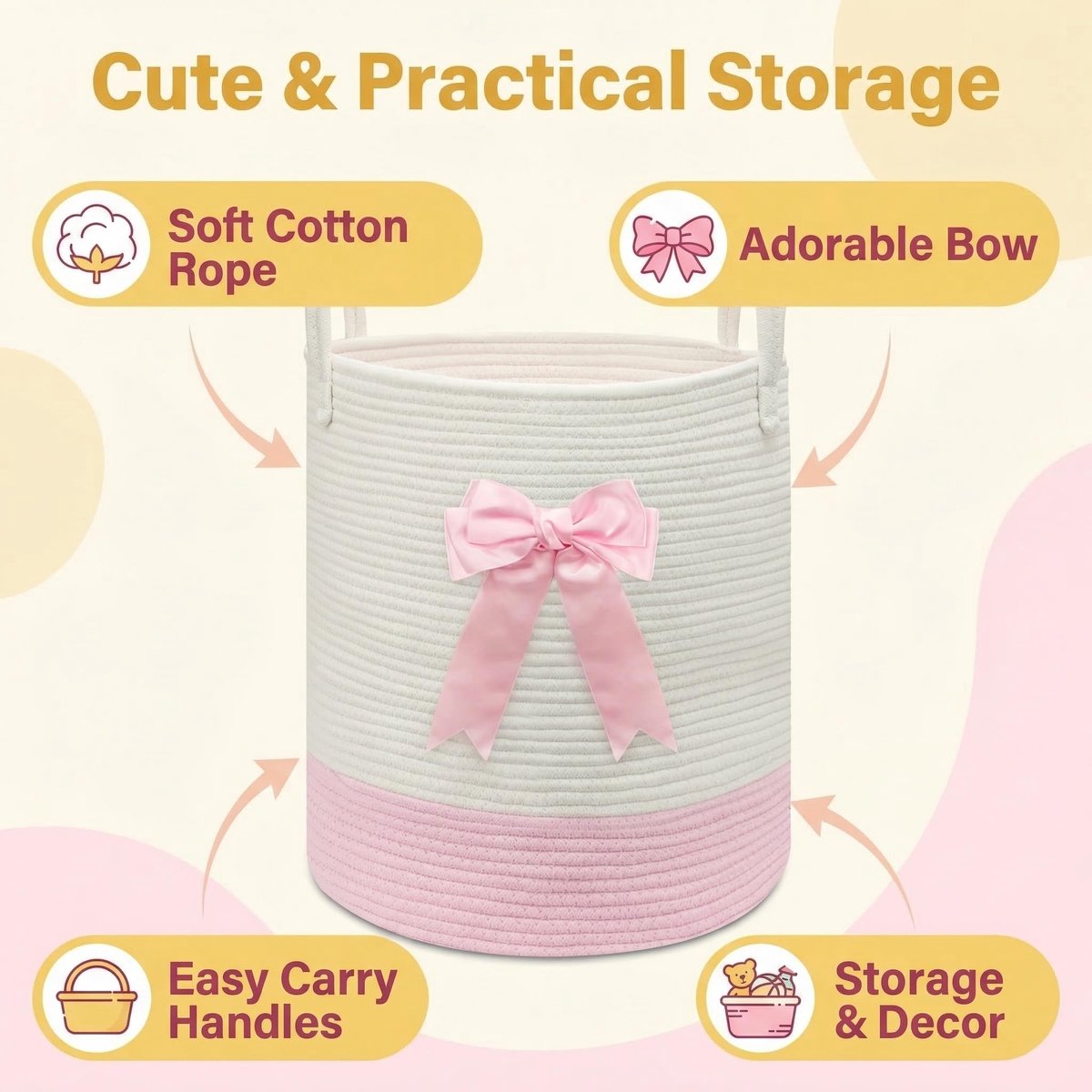 SnelShoppen - Roze Wasmand met Strik, Geweven Touw Speelgoedopbergmand voor Kinderen, Baby Kleding Mand, Kinderkamer en Badkamer Dekens Organizer Deco