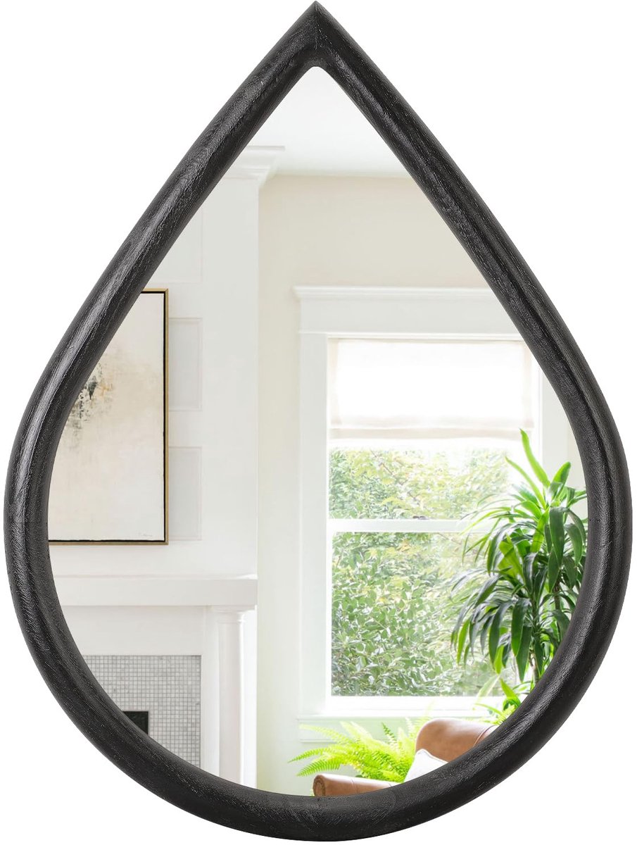 SnelShoppen - Zwarte Druppelvormige Wandspiegel met Houten Lijst - Rustieke Wanddecoratie voor Woonkamer, Slaapkamer, Entree - Kleine Onregelmatige Ha