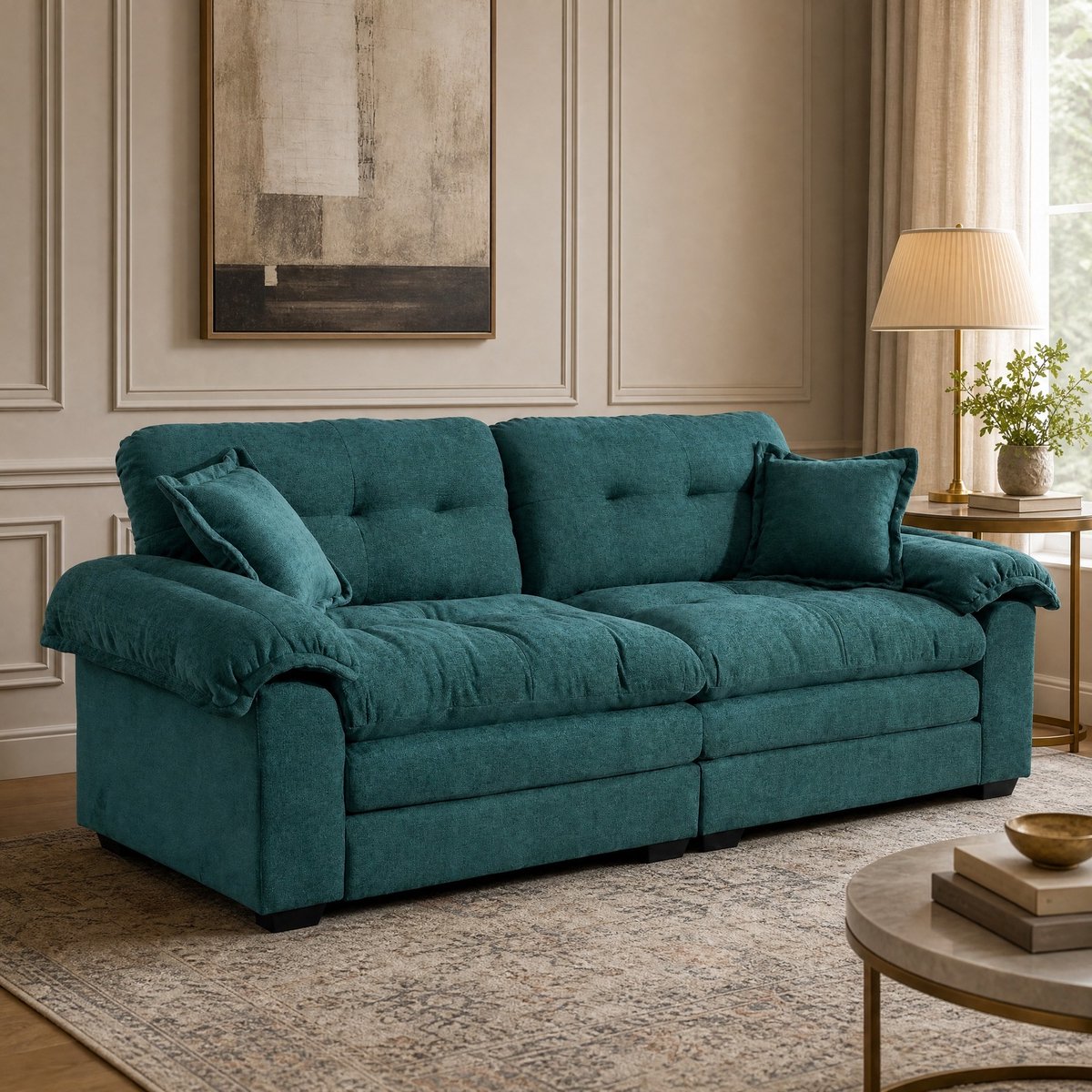 COVREO 2-zits bank 214x89x93 cm – groen chenille, diepe zitting, met 2 kussens
