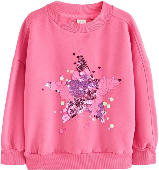 Roze sweatshirt met ronde hals en een grote stervormige lovertjesapplicatie op de voorzijde.
