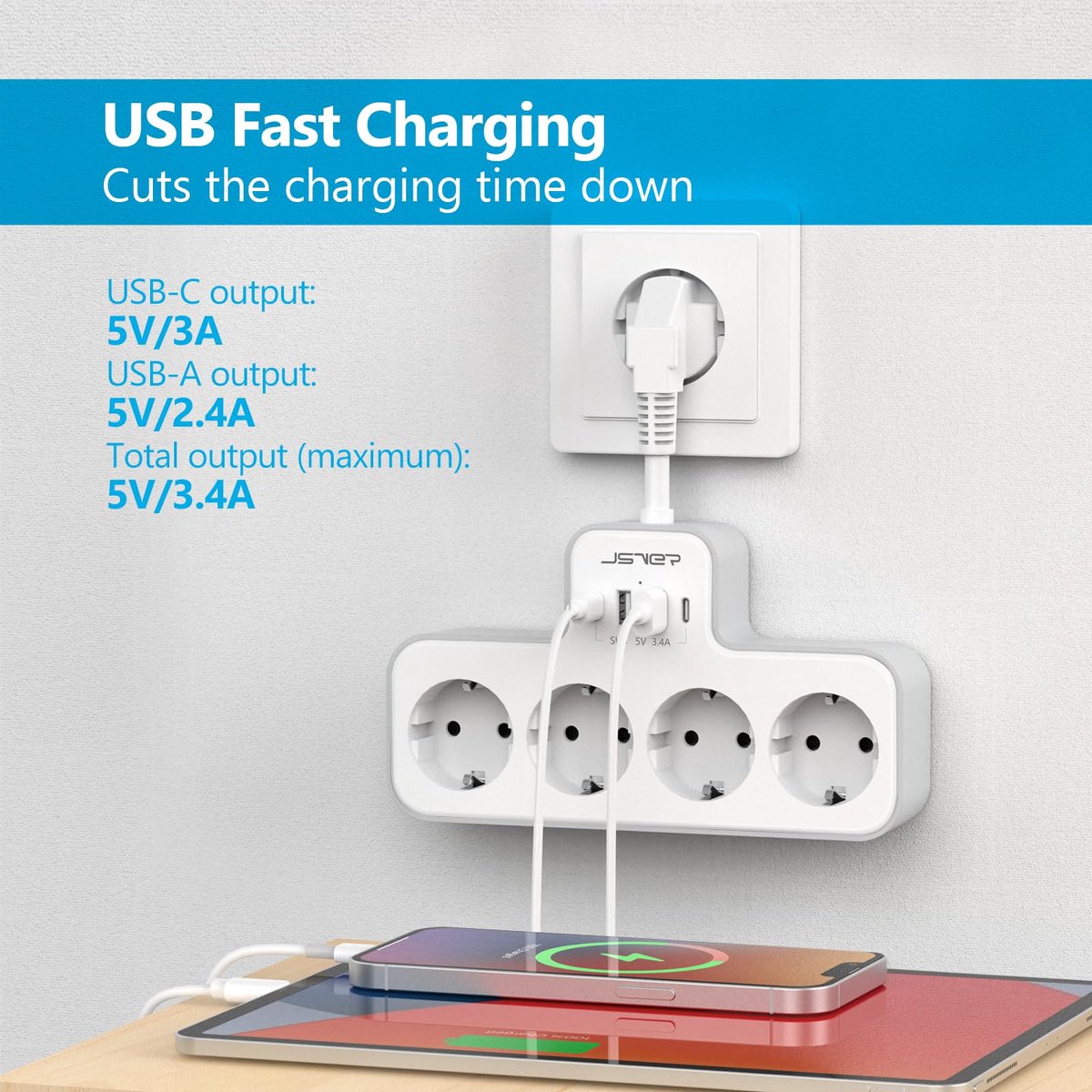 SnelShoppen - JSVER 4-Voudig Stekkerdoos met USB, 8 in 1 Individueel Schakelbare Stopcontacten, 2 USB A, 2 USB C, Flexibele Kabel voor Thuis, Kantoor,