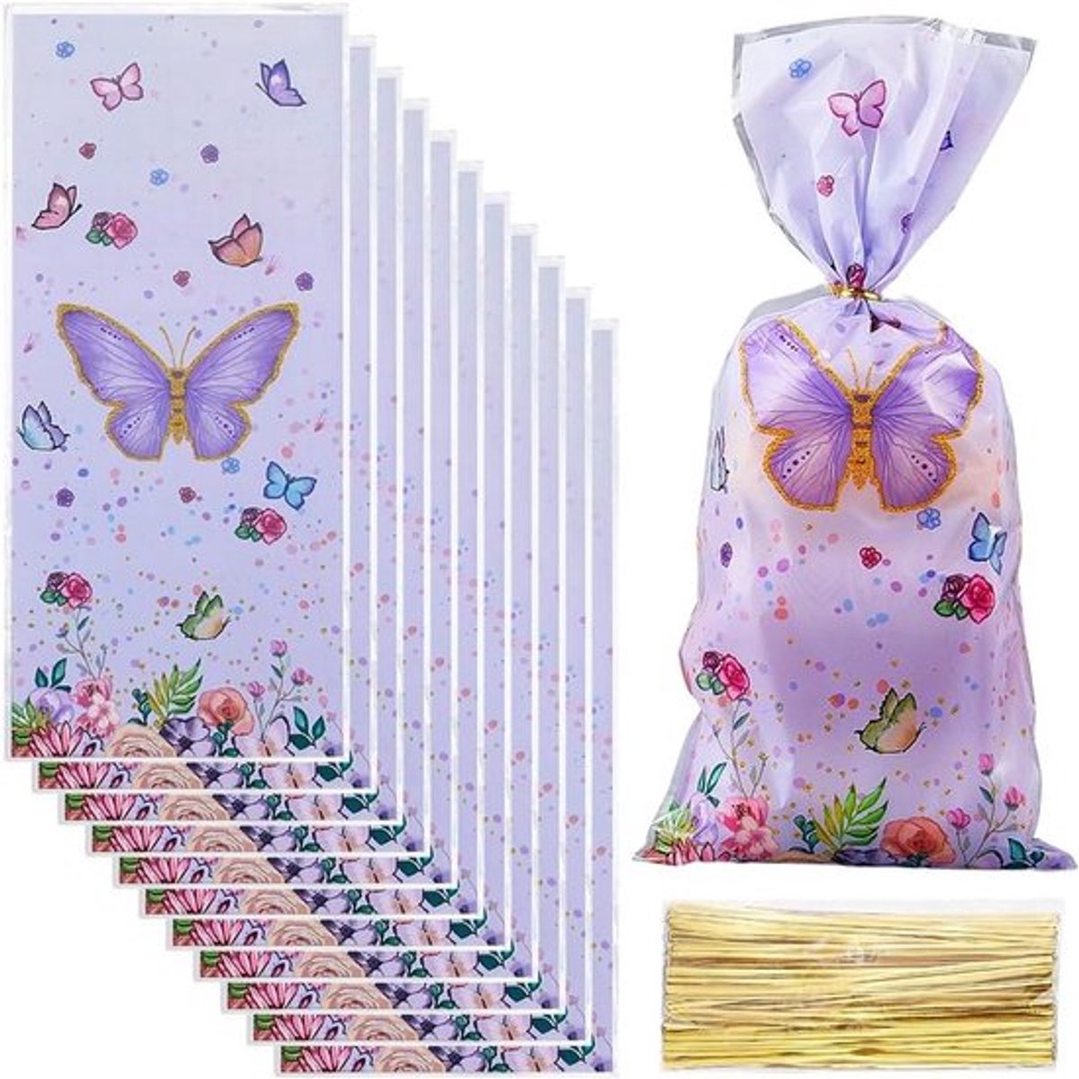 - Cellofaanzakjes - 100 stuks - 27 x 10,9 cm - Vlinder - Plastic zak - Kleine - Cellofaan - Gouden banden - Opp - Rechthoek - Voedsel wrap - Traktatiezakken - Koekjes - Zeep - Snoep - Bakkerij - Partij gunst.