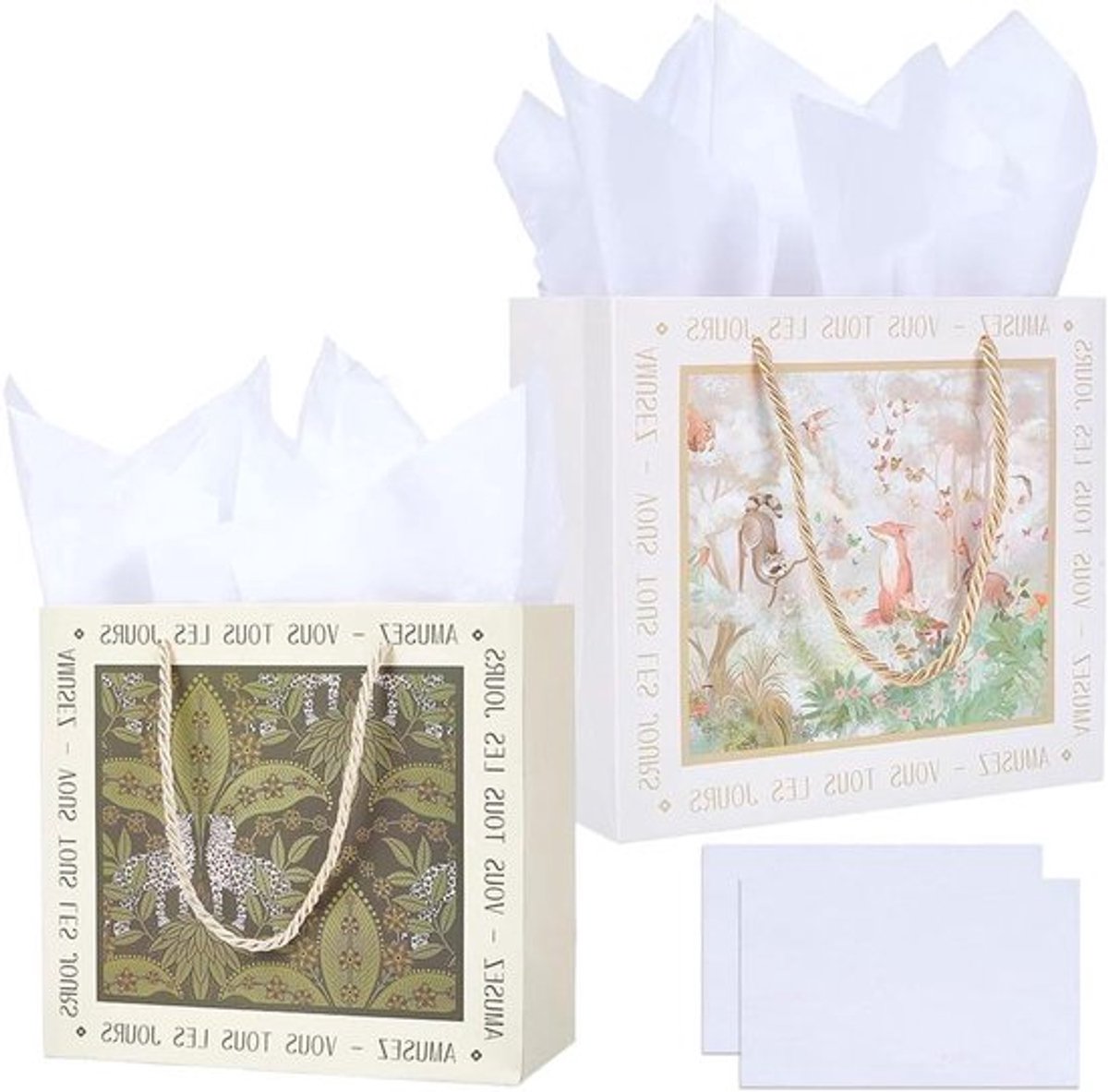 - Bos Gift Zakken - Dier Papieren Zak - Medium - Groen Blad - Natuurlijke - Franse Retro Vos - Verjaardagen Party Gunst - Tote met Handvatten - Tissue Papier voor Geschenken - Graduaties Pensioenen.