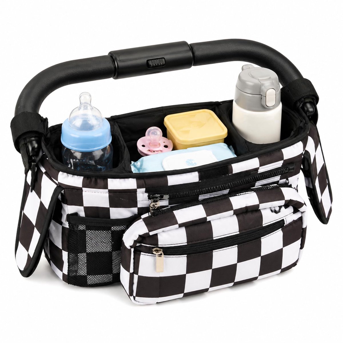 SnelShoppen - AuraFusion Kinderwagen Organizer Wandelwagen Tas Zwart Wit voor Ouders Moeders Vaders voor Wandelen Winkelen Reizen Met Veel Vakjes