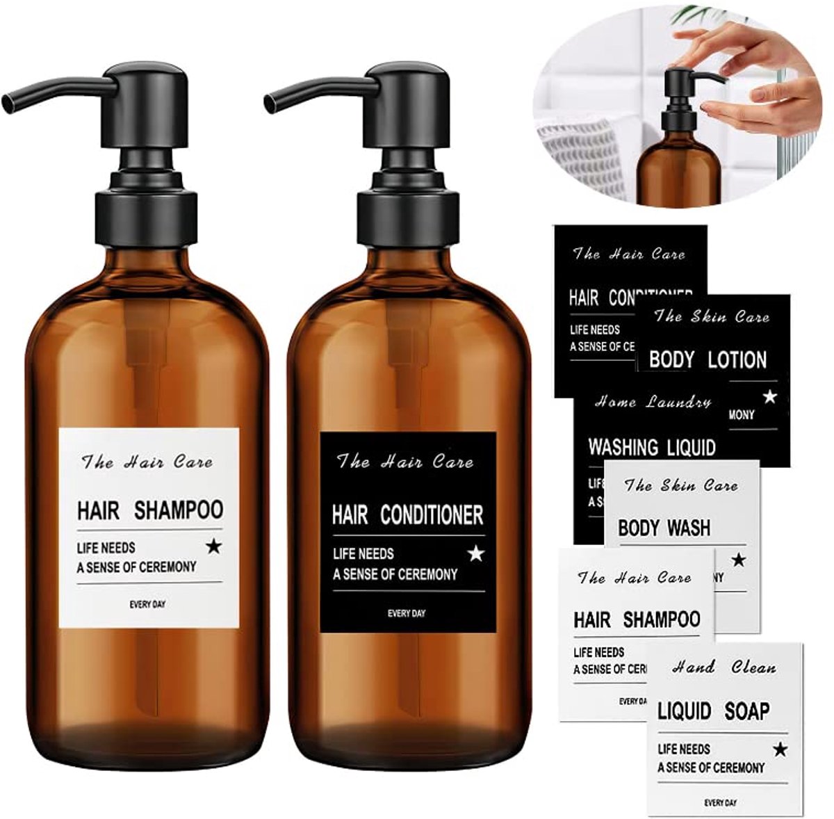 SnelShoppen - Glazen Zeepdispenser Set van 2 - 500 ml Bruin Glas - Roestvrijstalen Pomp - Navulbare Douche- en Keuken Dispenser met Waterdichte Etiket