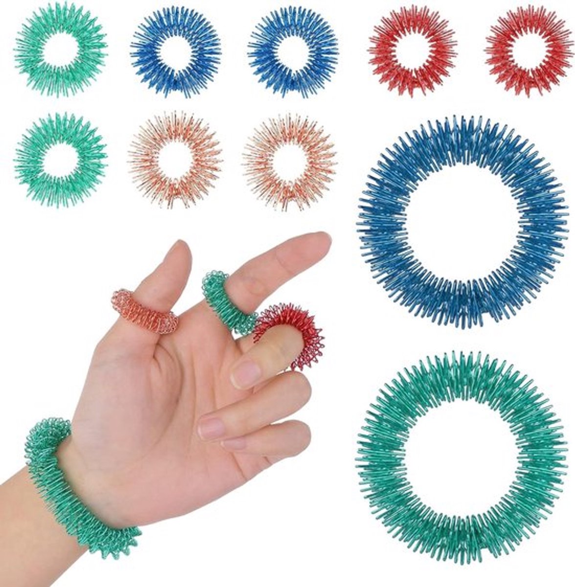 Acupressuurringen Set van 10 stuks voor Bloedcirculatie en Stressverlichting | Spikey Finger Rings en Pols Massage Armbanden
