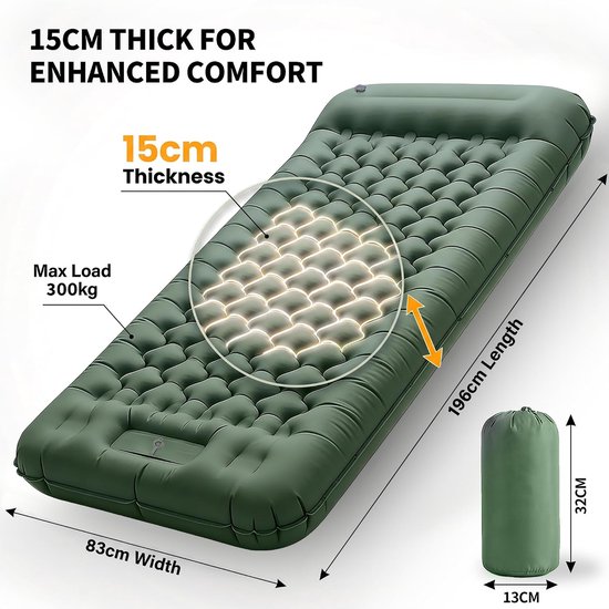 Opblaasbaar Matras - Campingmatras Logeerbed - Outdoor Kamperen - Extra Dik Breed - 196 x 83 cm - Legergroen — afbeelding 5
