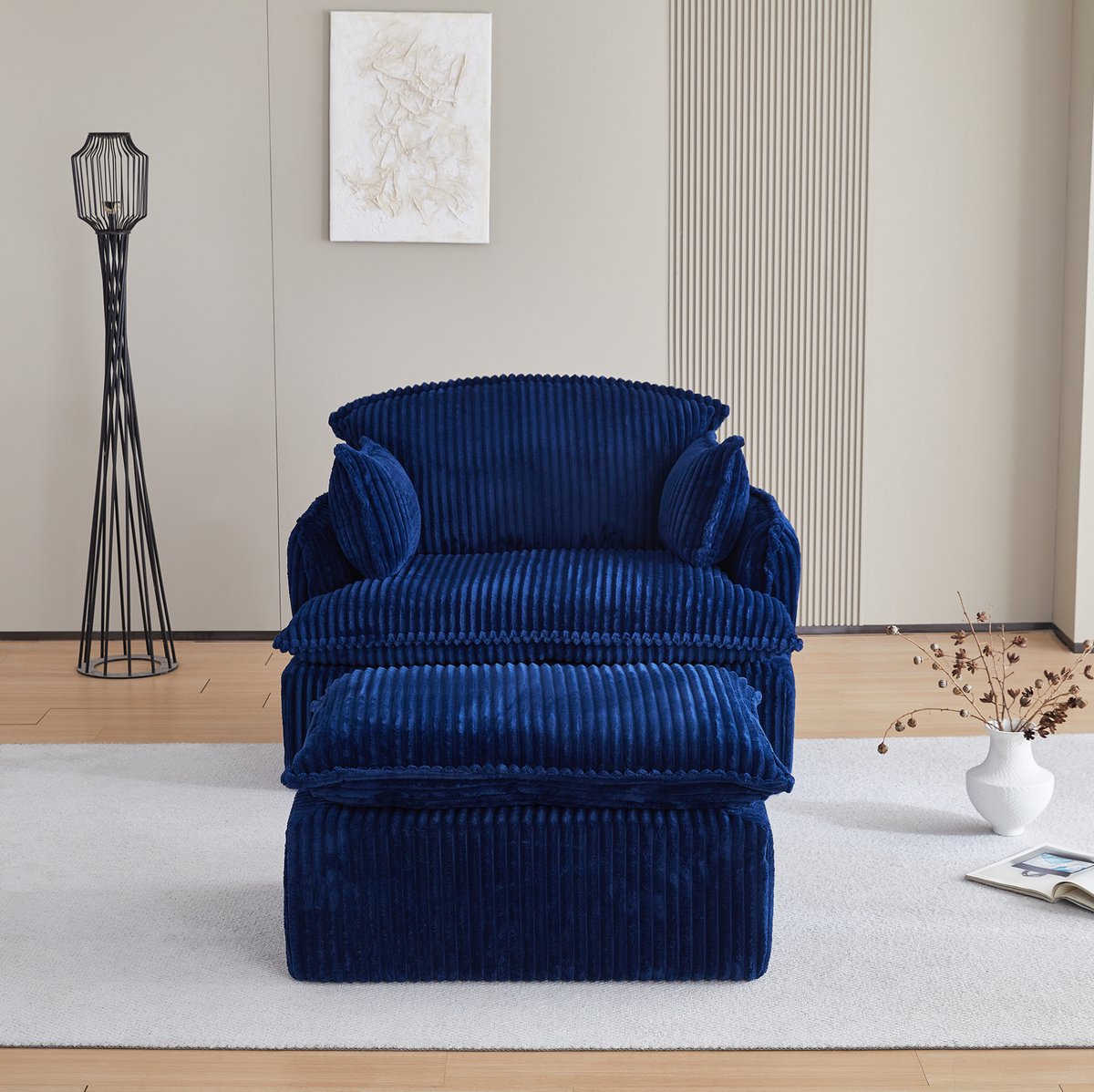 OKWISH Fauteuil met Hocker 1-Zits - Compacte Corduroy Relaxstoel met Kussens - Voor Woonkamer, Slaapkamer & Appartement - Blauw