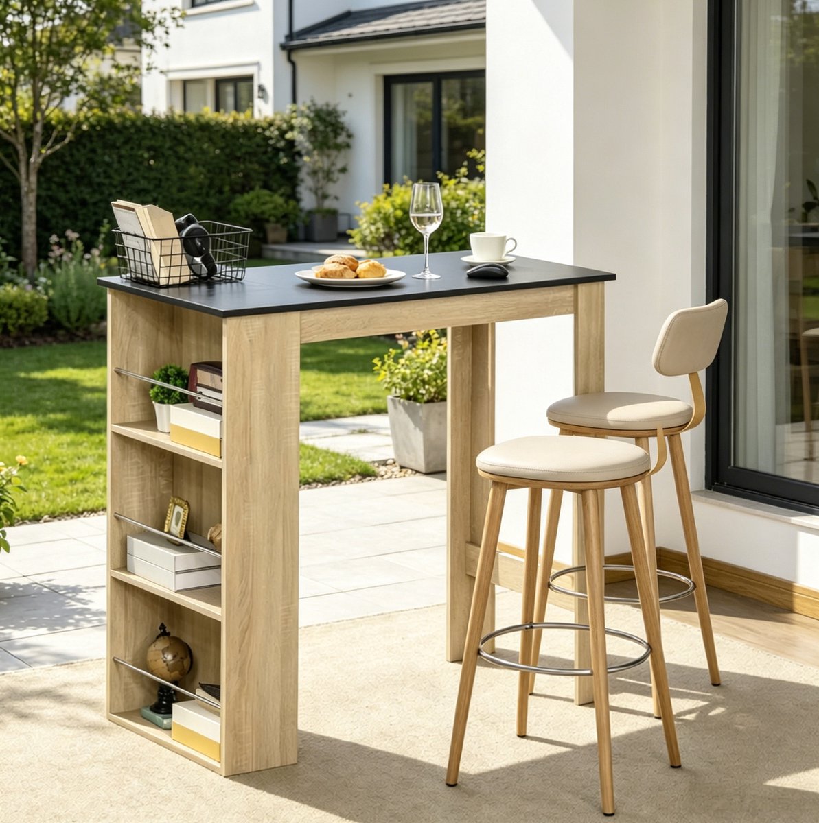 STILVORA Bartafel - Modern Hoog Ontwerp Met Opbergrek - Voor Keuken, Werkplek En Thuisbureau - Spaanplaat - Zwart En Eiken - 112 X 57 X 106 Cm